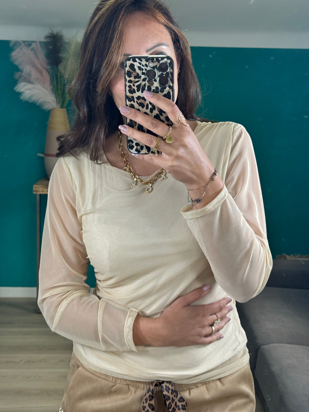 Haut beige en résille doublé – manches transparentes Sarah beige