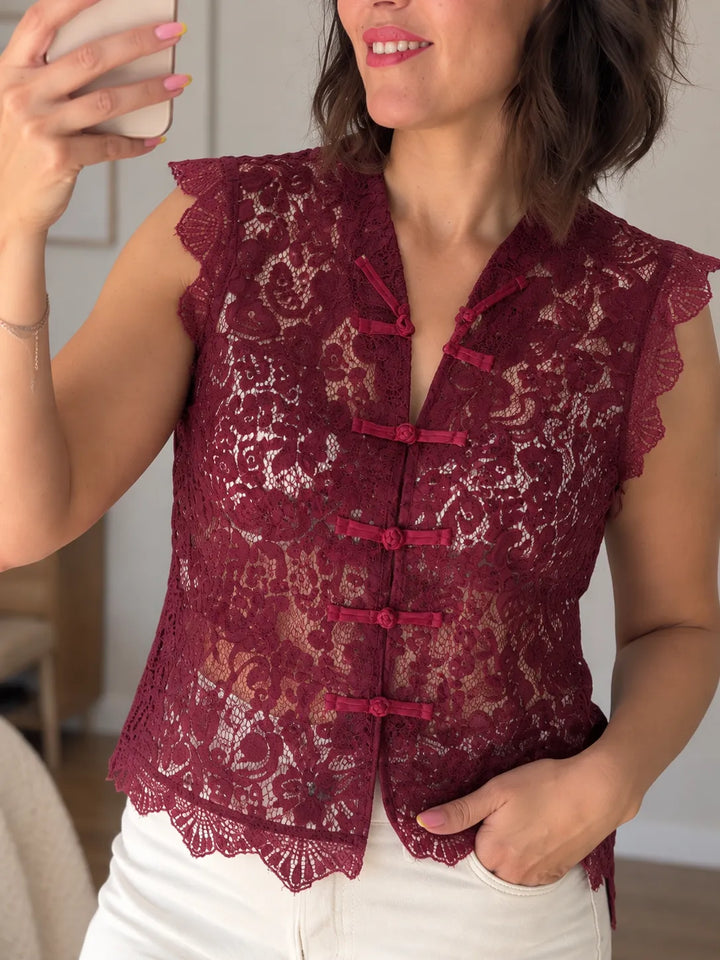 Top dentelle bordeaux boutons chinois