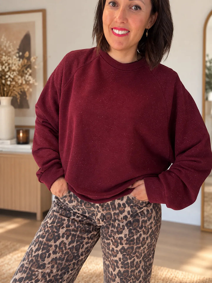 Sweat Col Rond Oversize Bordeaux Pailleté