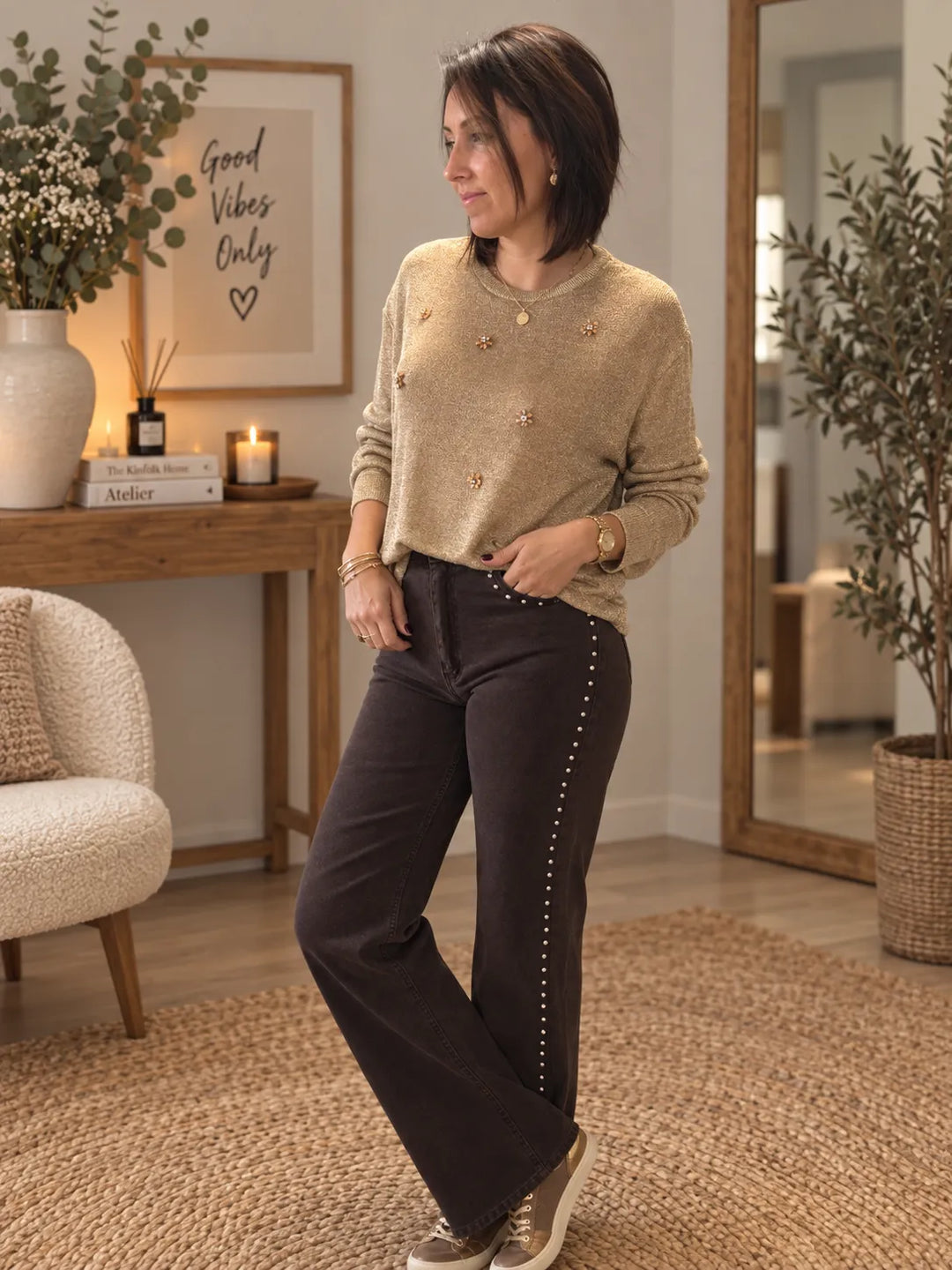Jean chocolat taille haute clous argentés Loren-B