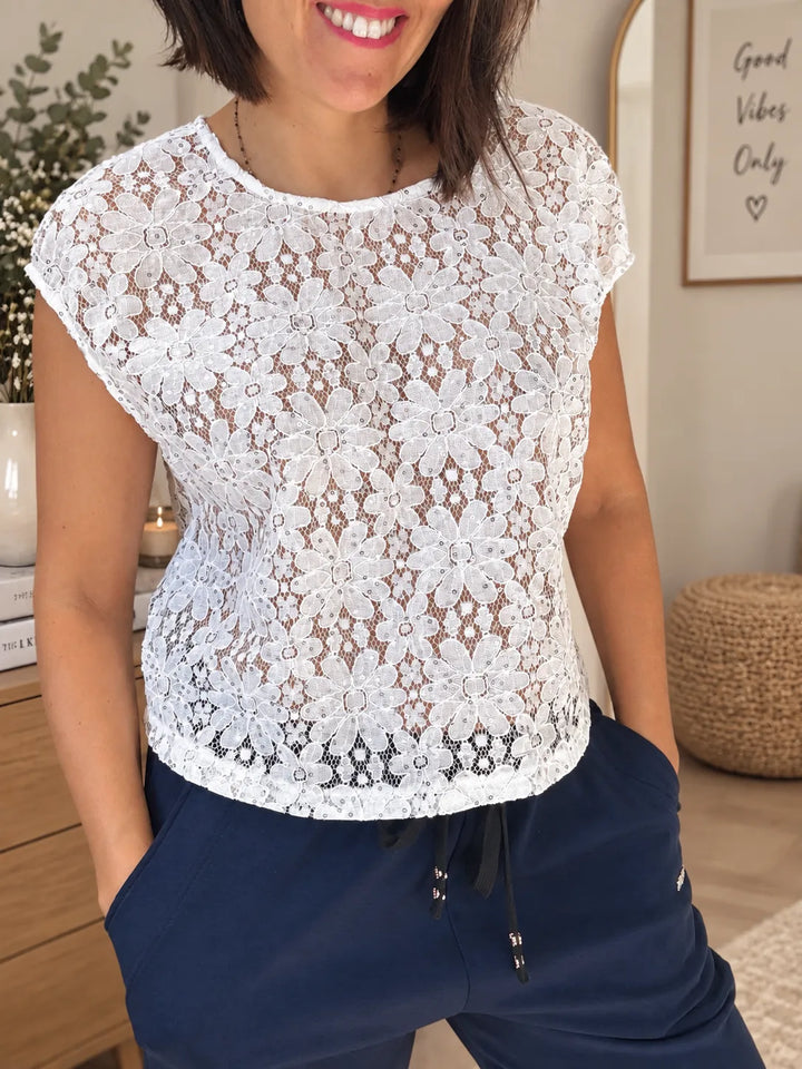 Top blanc brodé sequins argentés motif floral - Fabrication Italienne