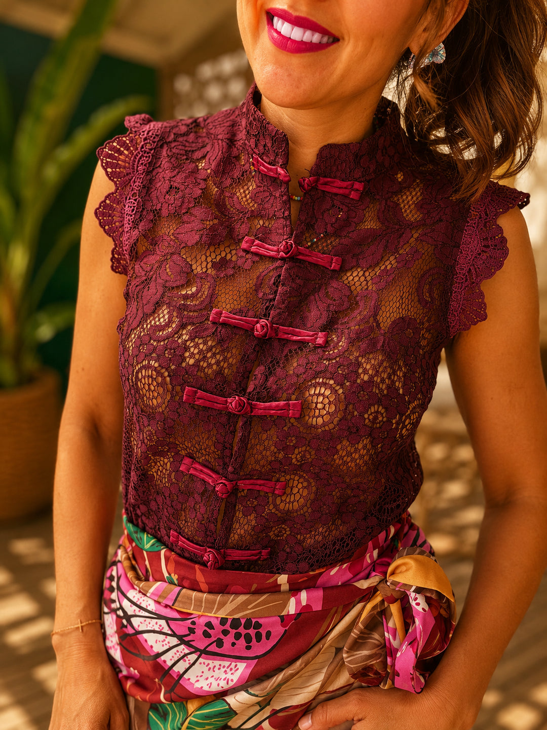 Chemisier Dentelle Bordeaux Col Officier
