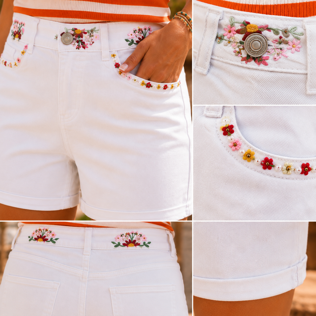 short blanc à broderies florales