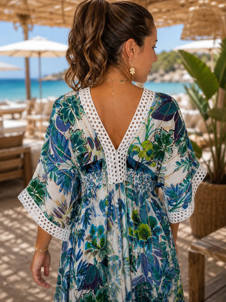 Robe Longue Viscose Imprimé Tropical Bleu & Vert