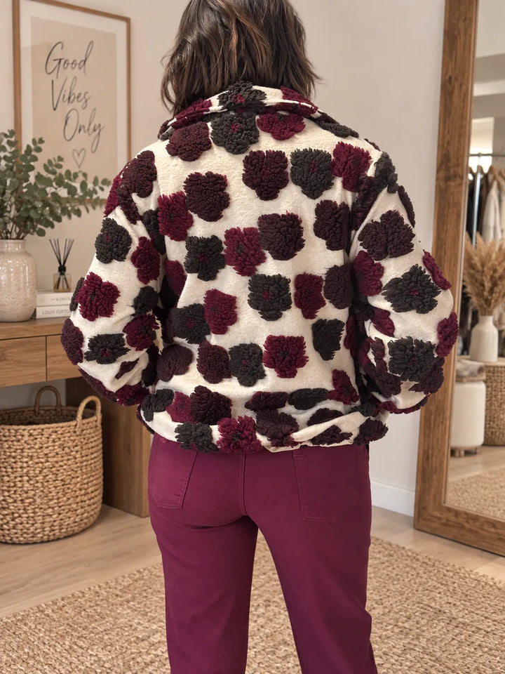 Veste Moumoute Écru & Bordeaux Relief Fleuri