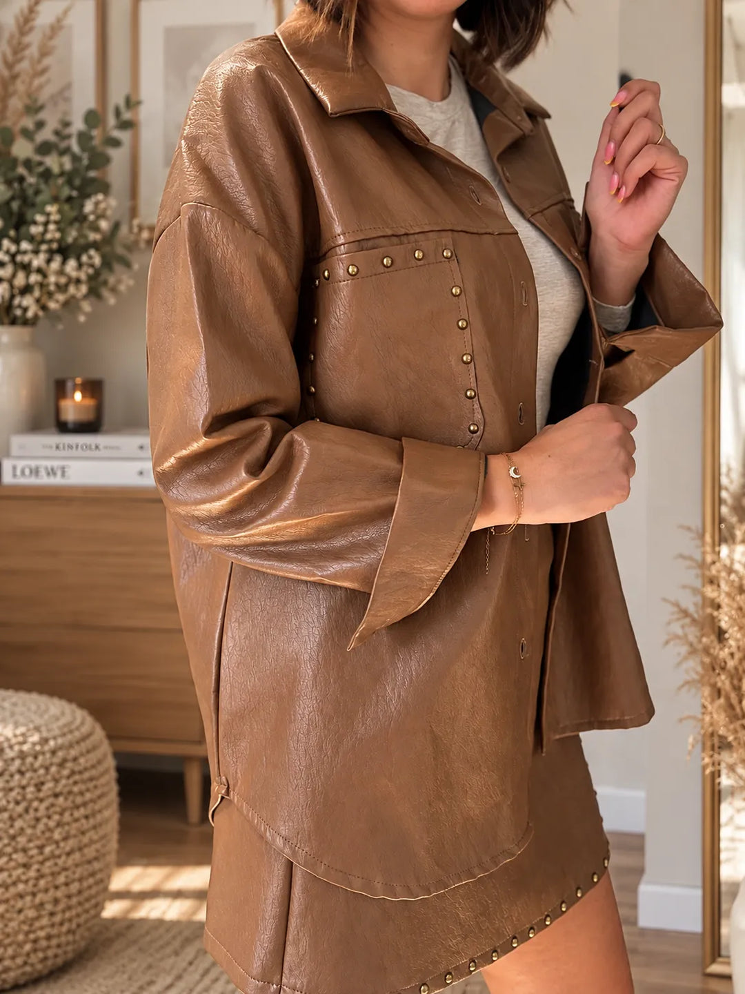 Veste mi-longue simili cuir camel - Fabrication Italienne