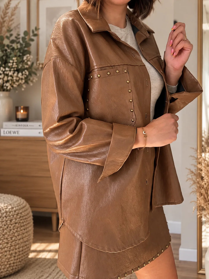 Veste mi-longue simili cuir camel - Fabrication Italienne
