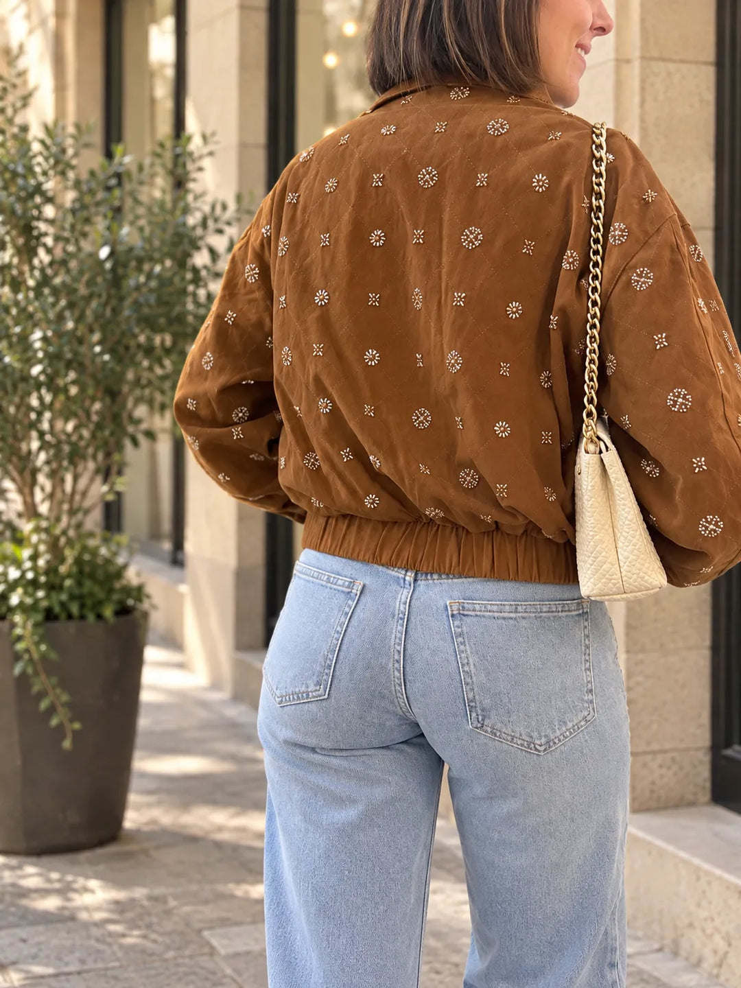 Veste Bombers Effet Daim Camel à Broderies Perlées