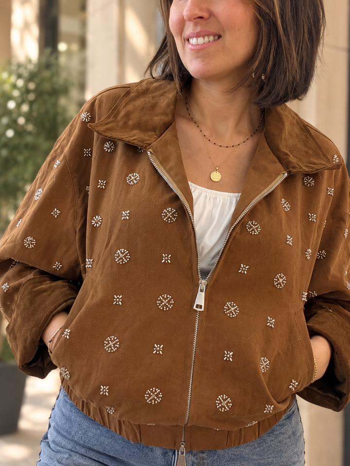 Veste Bombers Effet Daim Camel à Broderies Perlées
