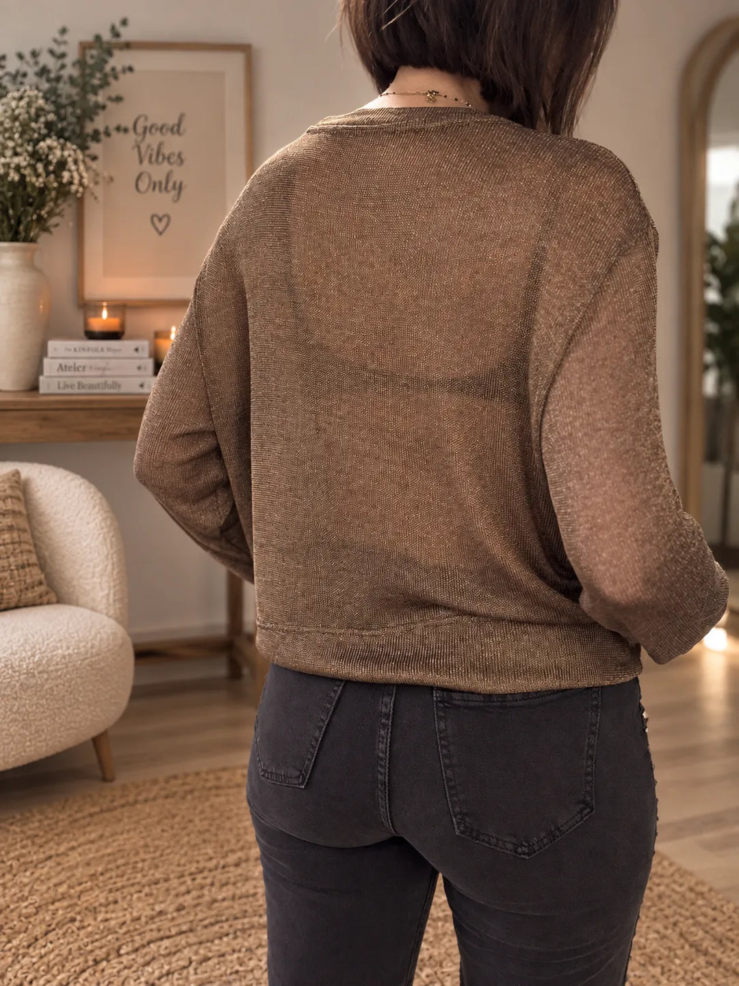 Top Fine Maille bronze Fleurs Brodées