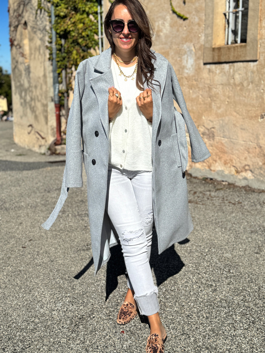 Manteau ceinturé gris clair