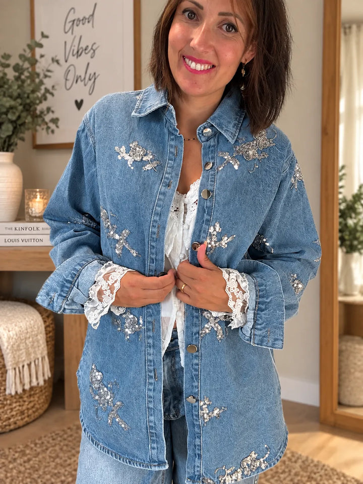 Surchemise en jean brodée perles et sequins - Fabrication Italienne