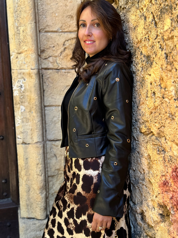 Veste noire femme en simili cuir avec œillets Laura