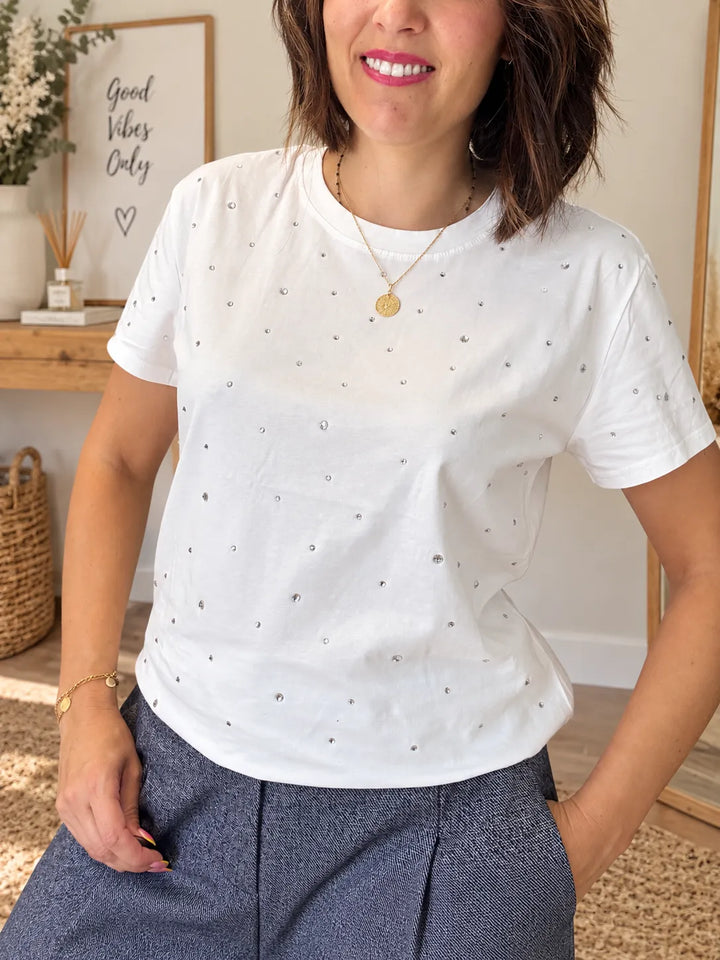 T-shirt blanc à strass col rond - Coupe droite