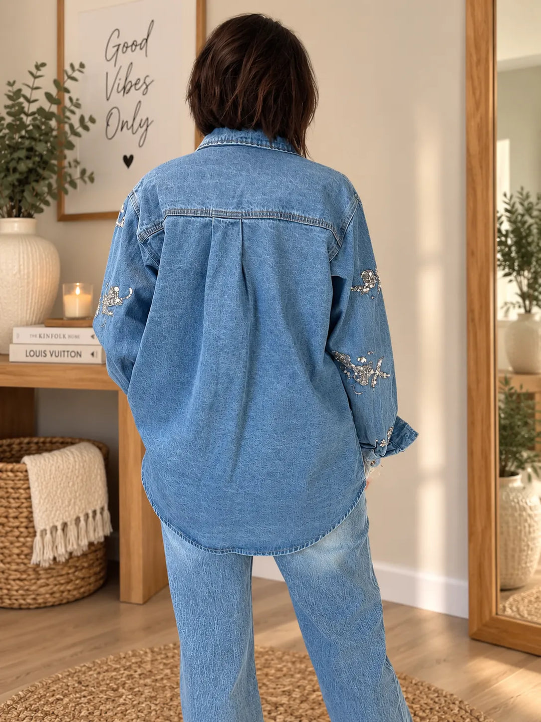 Surchemise en jean brodée perles et sequins - Fabrication Italienne
