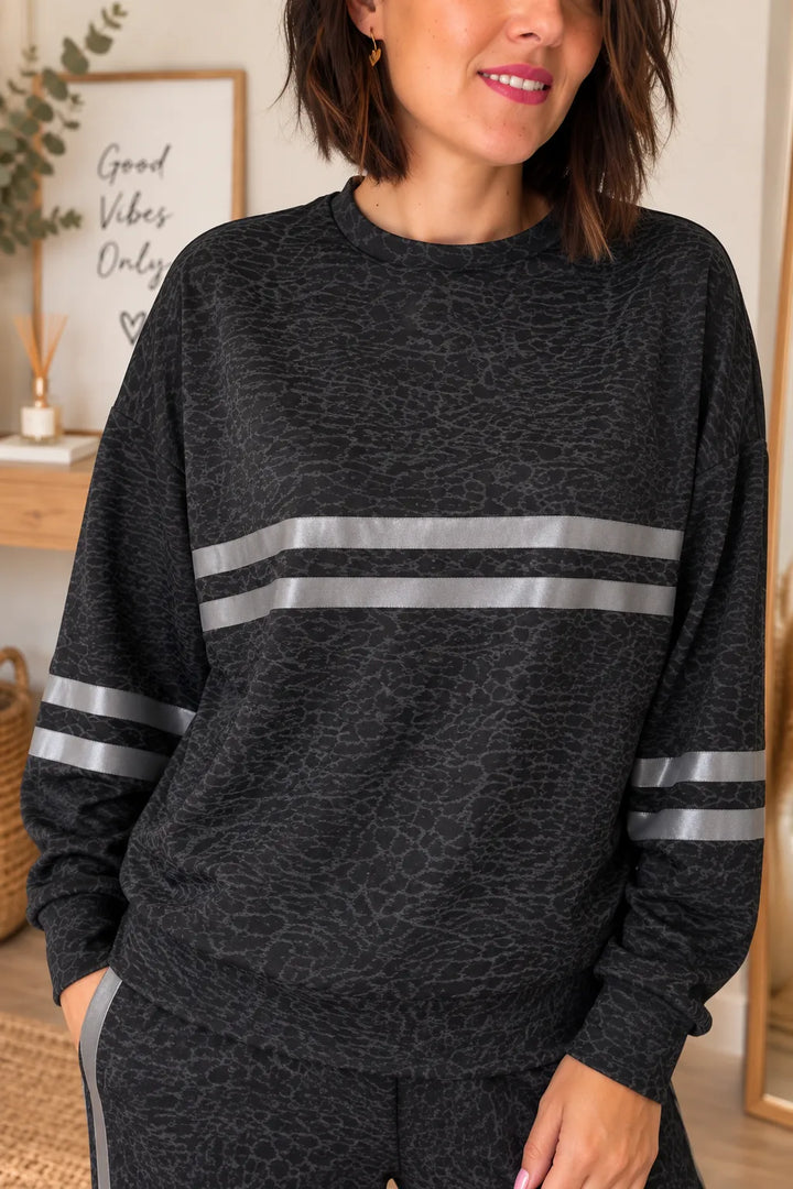 Sweat fin anthracite imprimé léopard bandes sportswear - Fabrication Italienne