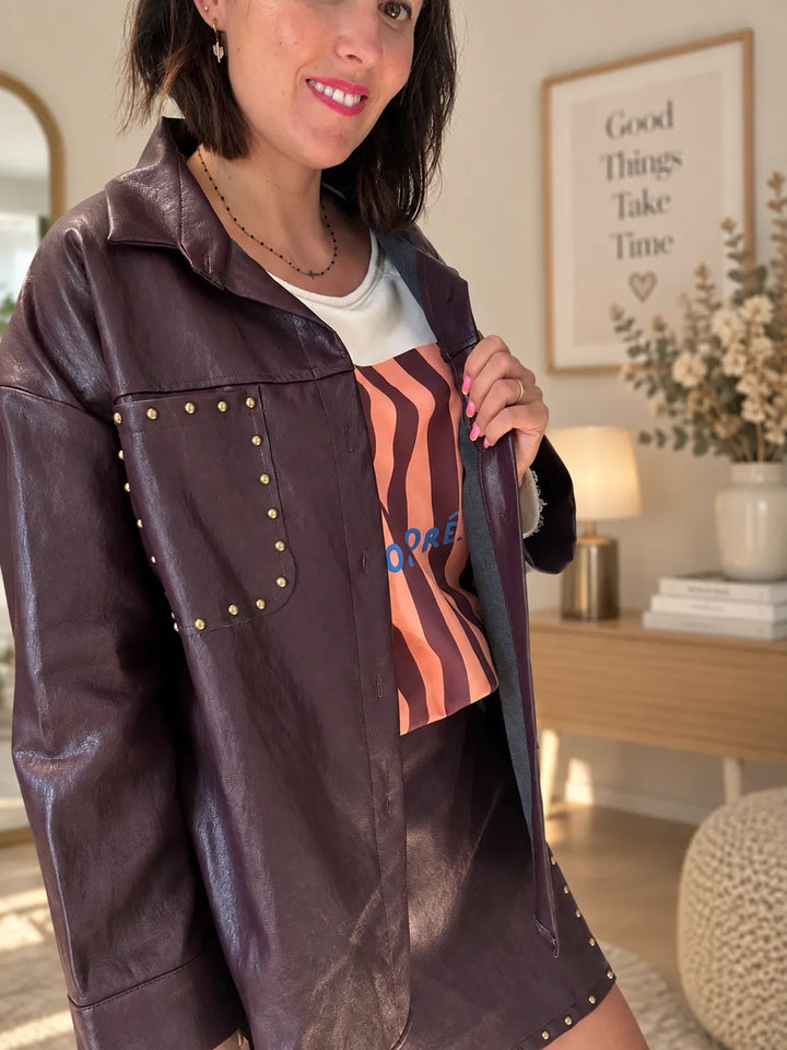 Veste Simili Cuir Prune Cloutée