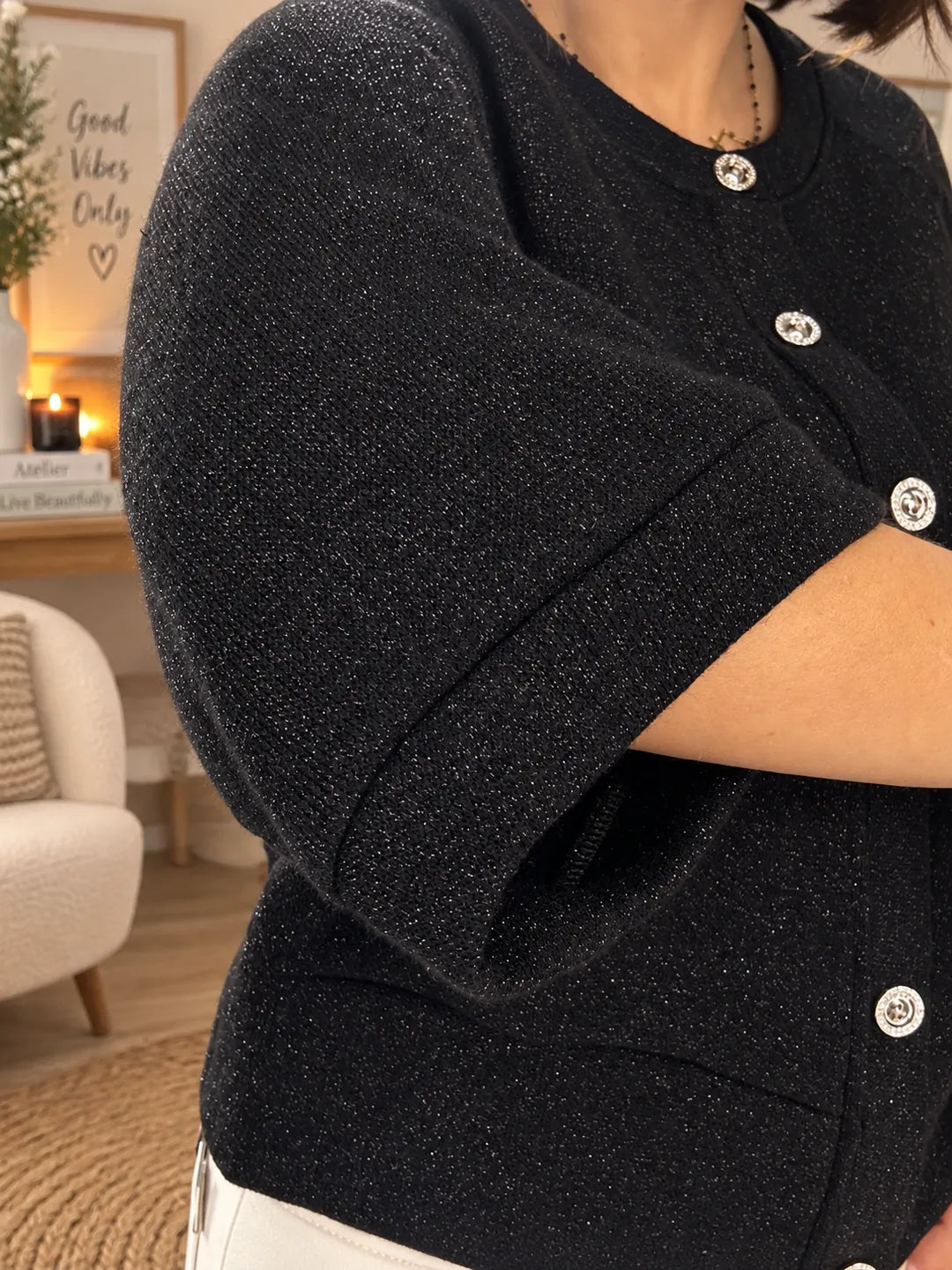 Gilet Noir Manches 3/4 Fil Irisé