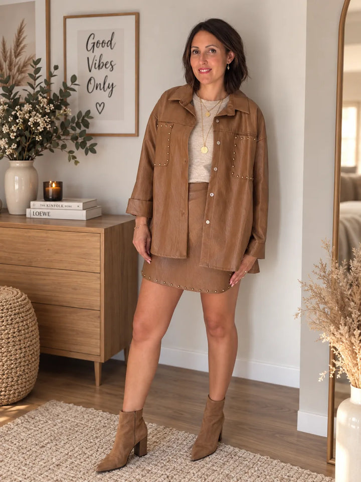 Veste mi-longue simili cuir camel - Fabrication Italienne