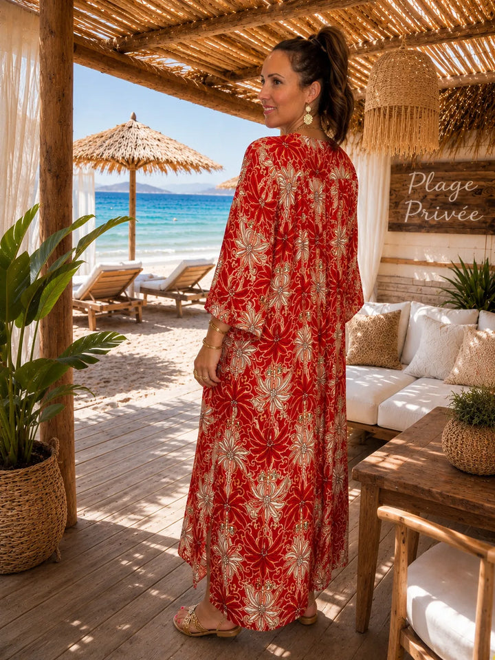 Robe Chemise Longue Coton Imprimé Fleuri Rouge
