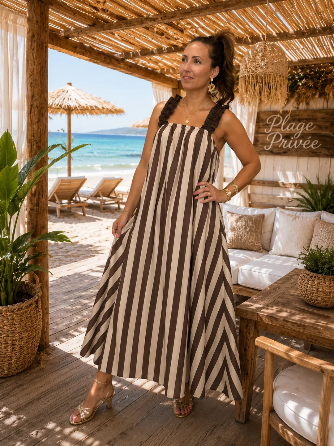 Robe Longue Rayée Marron & Beige - Bretelles Volantées Nouées Dos