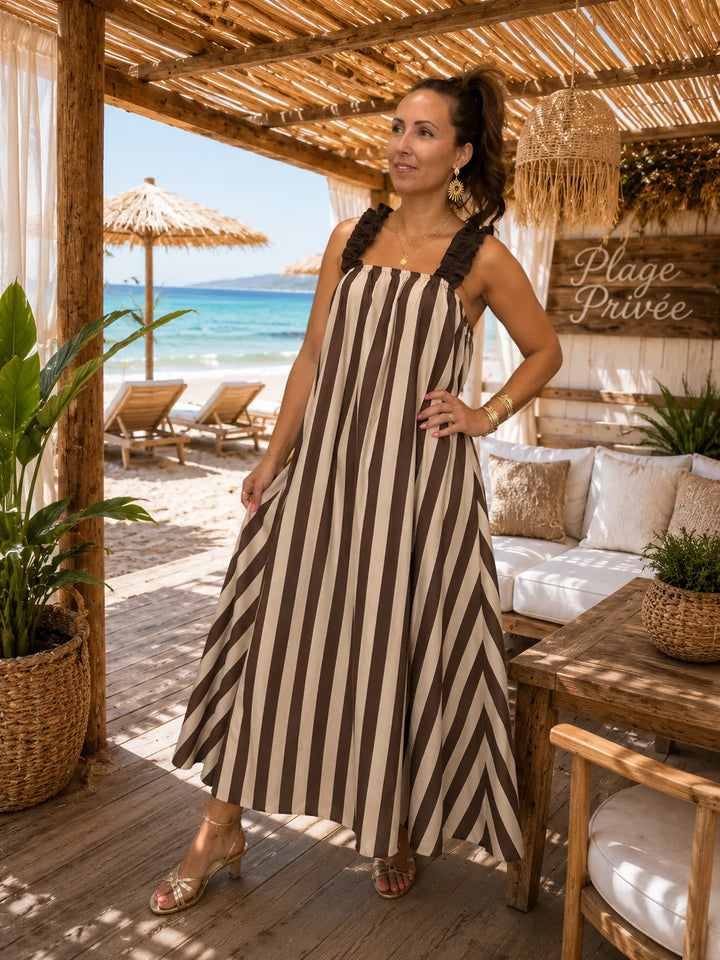 Robe Longue Rayée Marron & Beige - Bretelles Volantées Nouées Dos