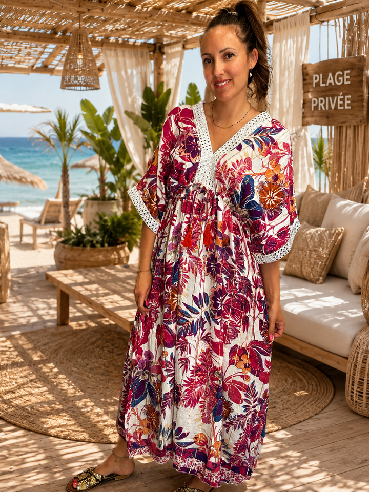 Robe Longue Viscose Imprimé Tropical fuschia