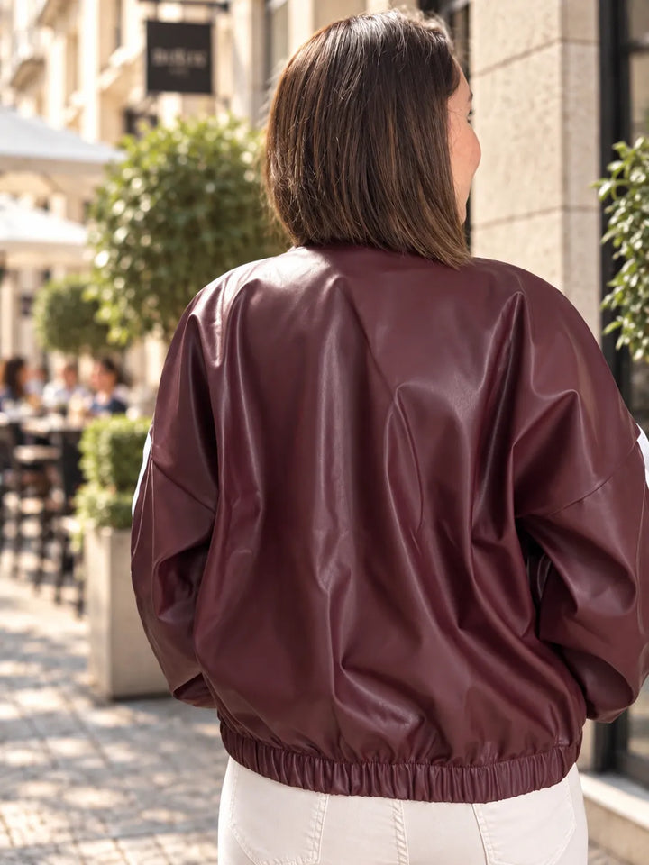 Veste Bombers Simili Cuir Prune à Bandes