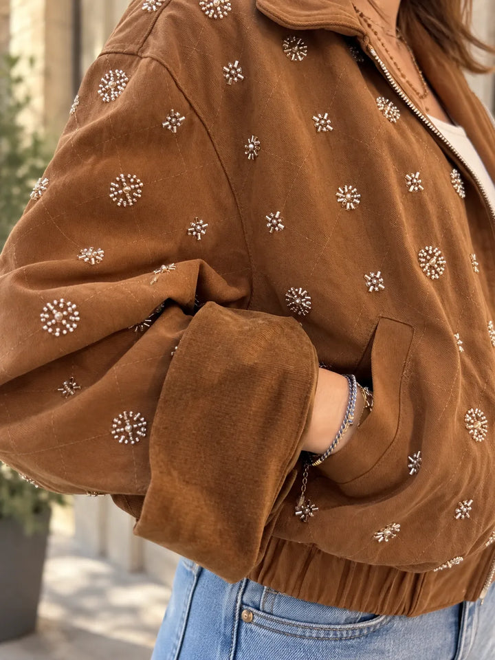 Veste Bombers Effet Daim Camel à Broderies Perlées