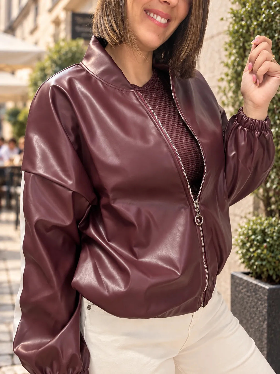 Veste Bombers Simili Cuir Prune à Bandes