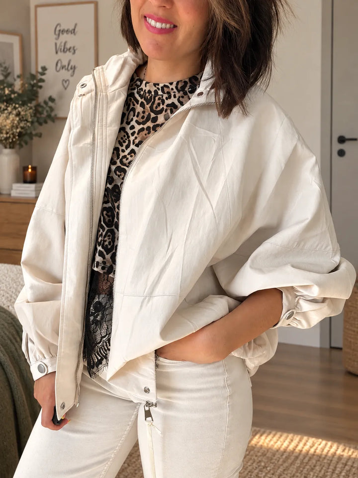 Veste Oversize Simili Cuir Écru Manches Chauve-Souris