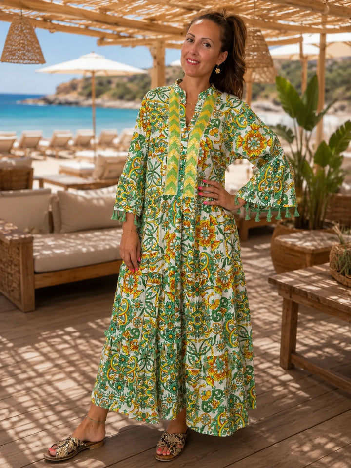 Robe Longue Coton Imprimé Fleuri Vert & Jaune - Manches Pompons