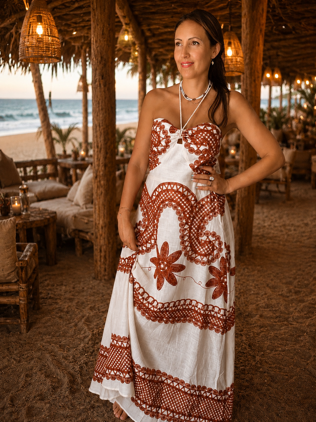 Robe Longue Bustier Brodée en Coton