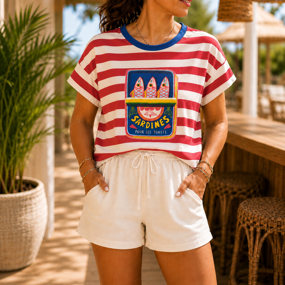 T-shirt rayé écru /rouge