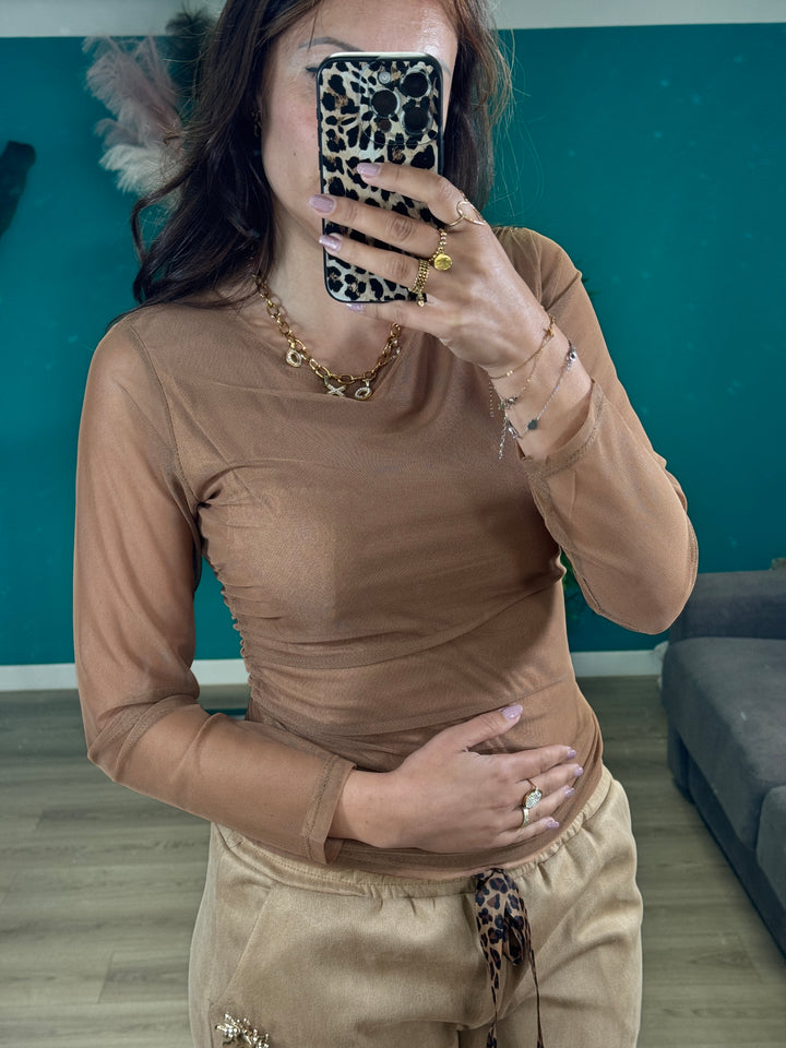 Haut beige en résille doublé – manches transparentes Sarah chocolat