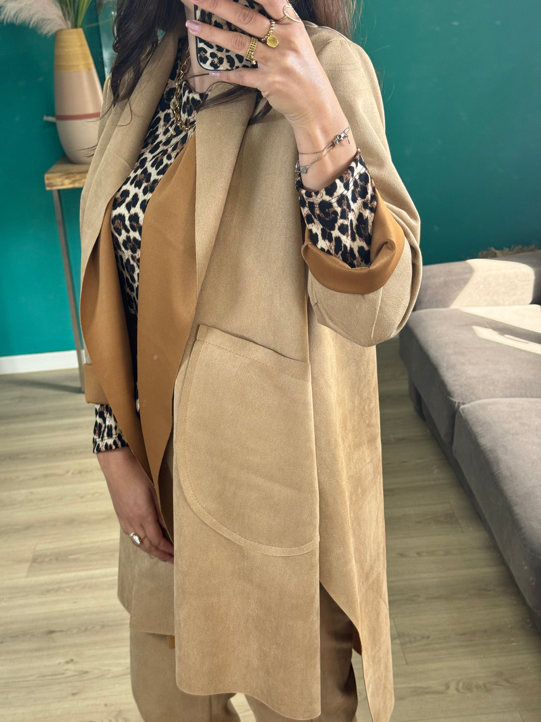 Veste en suédine camel – Ouverte sans fermeture emy