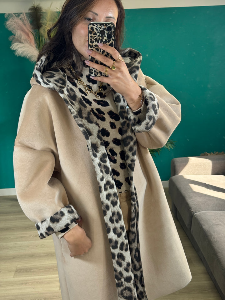 Veste à capuche doublée léopard – Beige Cathy