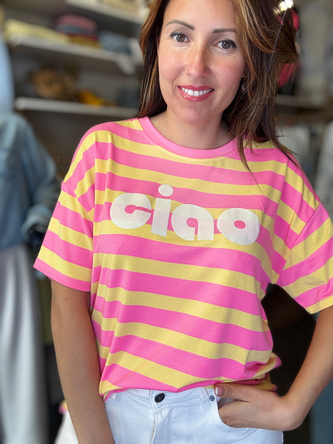 T SHIRT RAYÉ CIAO JAUNE ET ROSE