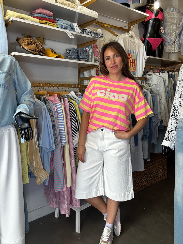 T SHIRT RAYÉ CIAO JAUNE ET ROSE