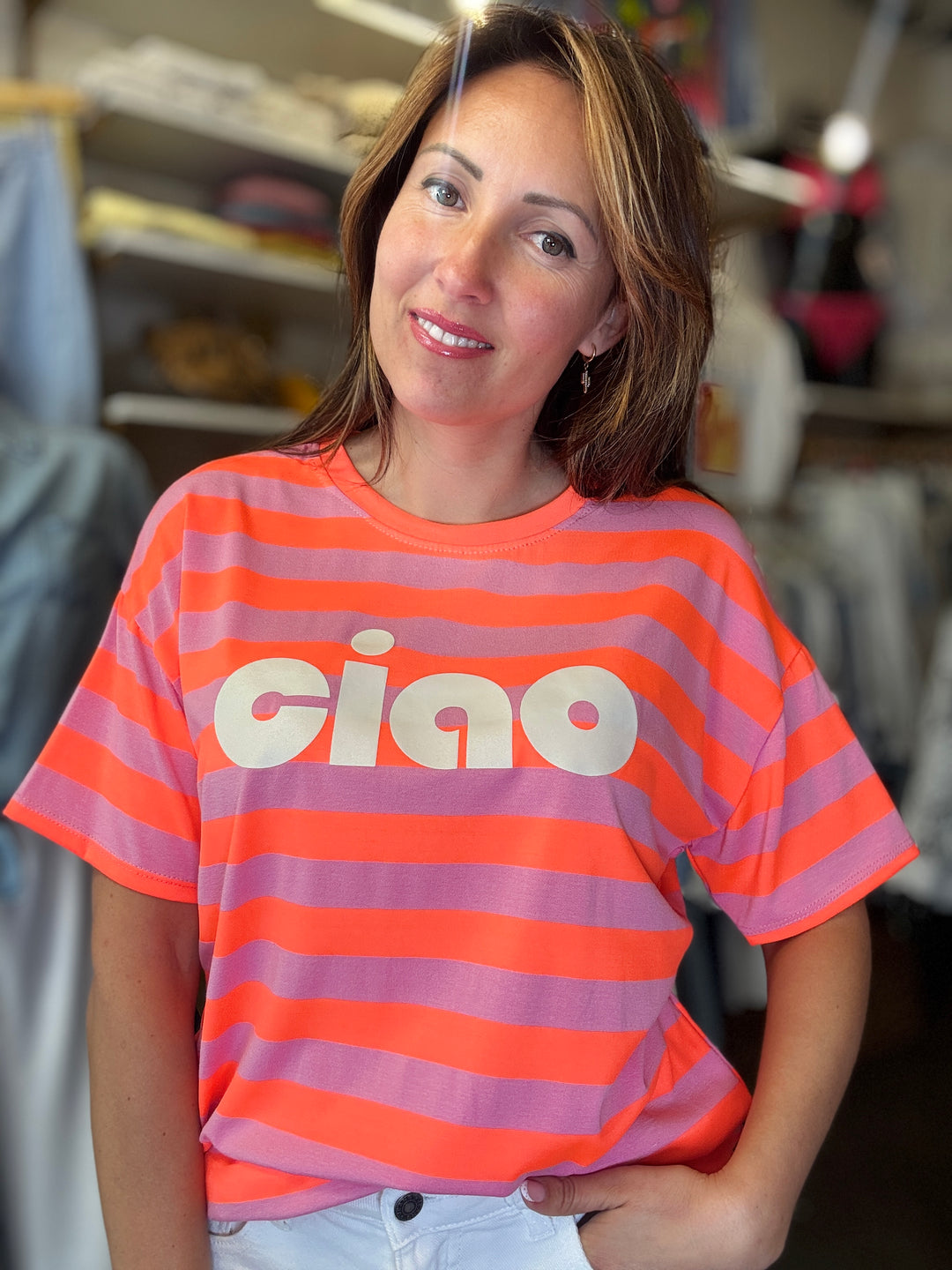 T SHIRT RAYÉ CIAO ORANGE ET ROSE