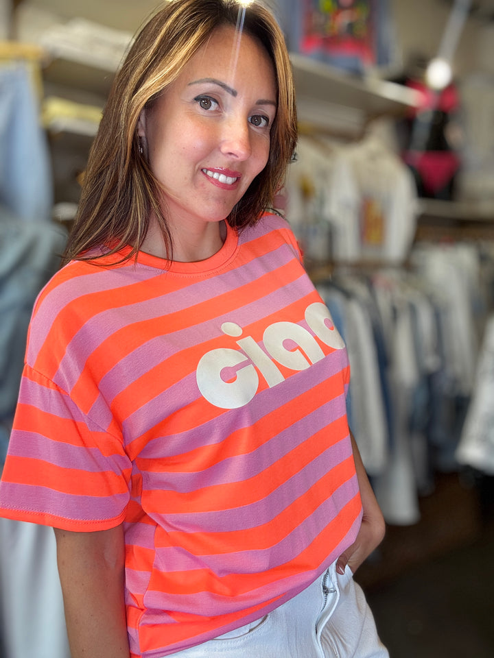 T SHIRT RAYÉ CIAO ORANGE ET ROSE